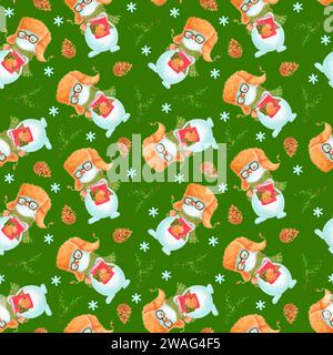 Motivo cartoni animati senza cuciture con pupazzi di neve, rami di abete rosso, coni di pino, fiocchi di neve su sfondo verde. Design creativo per imballaggi, tessuti Foto Stock