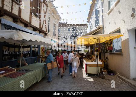 Ville d'Eymet, città di bastide, nella regione sud-occidentale della Dordogna, con una fiorente piazza del mercato, situata sulle rive del fiume Dropt, Francia, Europa. Foto Stock