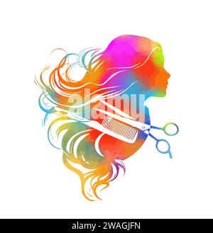 Forbici da parrucchiere e pettine colorati per capelli. Bella ragazza colorata. disegno manuale. Non IA. Illustrazione vettoriale Illustrazione Vettoriale