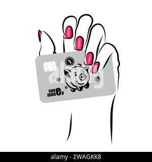 La mano di una donna con carta di credito. risparmiate denaro. Carta bancaria in mano. SHOTLISTbanking. disegno manuale. Non IA, Piggy Bank. Illustrazione vettoriale Illustrazione Vettoriale