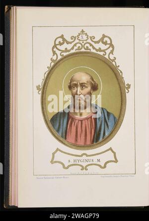 Un'illustrazione del 1879 di Papa Igino, che fu pontefice dall'AD136 all'AD140. Era il nono papa. Era greco ed è stato lui a introdurre l'idea dei padrini per aiutare i bambini battezzati durante la loro vita cristiana e i loro doveri. Foto Stock