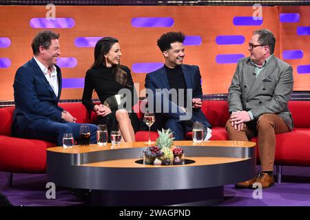 L'EDITORIALE UTILIZZA SOLO Dominic West, Michelle Keegan, Jacob Anderson e Alan Carr durante le riprese del Graham Norton Show al BBC Studioworks 6 Television Centre, Wood Lane, Londra, per essere trasmesso su BBC One il venerdì sera. Data foto: Giovedì 4 gennaio 2024. Credito fotografico: Matt Crossick/PA Wire Foto Stock