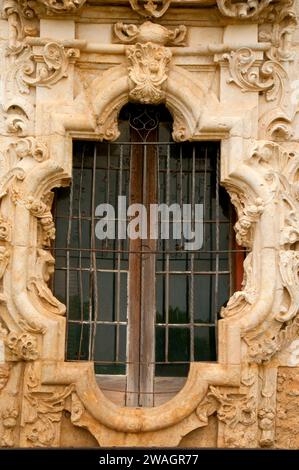 Missione San Jose Rose Window, San Antonio Missions National Historical Park, San Antonio, Texas Foto Stock