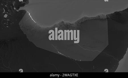 Somaliland evidenziato su una mappa di elevazione in scala di grigi con laghi e fiumi Foto Stock