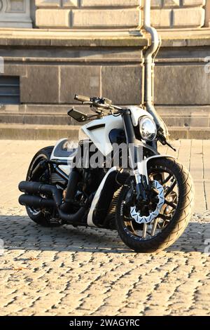 Foto verticale di una motocicletta bianca del trinciatore parcheggiata sotto la luce del sole Foto Stock