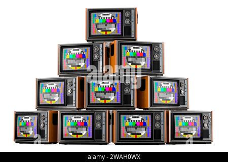 Stack di TV vintage con TV per test card, rendering 3D isolato su sfondo bianco Foto Stock