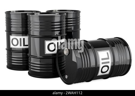 Set di barili dell'olio, rendering 3D isolato su sfondo bianco Foto Stock