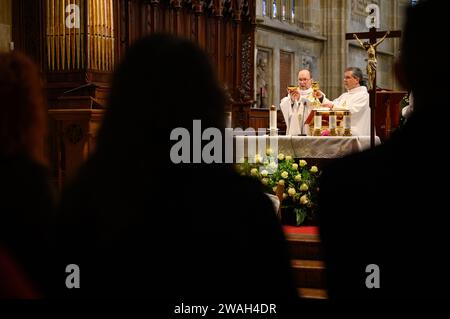 Santa messa celebrata da Jozef Haľko, Vescovo ausiliario, nella Cattedrale di San Martino (Katedrála svätého Martina) a Bratislava, Slovacchia. Foto Stock