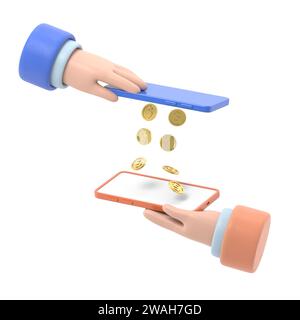 Pagamento mobile trasferimento di denaro isometria 3d piano concetto di transazione finanziaria isometrica illustrazione 3d Web. Gocce di moneta che piovono da uno smartphone a. Foto Stock