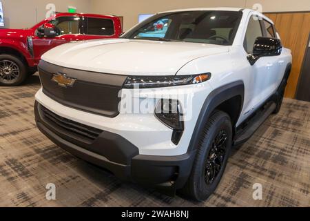 Pontiac, Michigan, USA. 4 gennaio 2024. La Chevrolet Silverado è stata seconda classificata per il premio North American Truck of the Year. I premi annuali North American Car, Truck and Utility Vehicle of the Year (NACTOY) sono giudicati da una giuria di giornalisti automobilistici professionisti. Crediti: Jim West/Alamy Live News Foto Stock