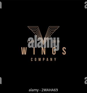 Modello di icona vettoriale con logo ad ala V a lettera vintage su sfondo nero Illustrazione Vettoriale