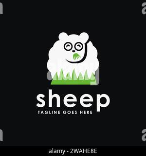 Modello vettoriale con icona del logo Flat Fun Sheep Eating Grass su sfondo nero Illustrazione Vettoriale