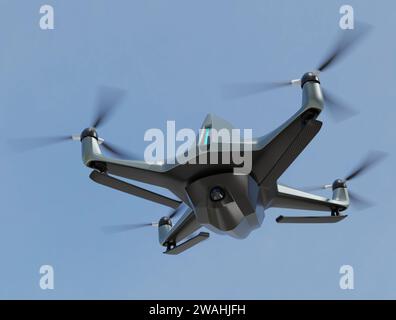 Drone militare con telecamera di sorveglianza che vola nel cielo.immagine di rendering 3D. Foto Stock