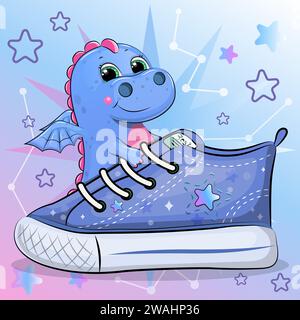 Un simpatico drago dei cartoni animati con una sneaker blu. Illustrazione vettoriale di un animale su sfondo blu con stelle. Illustrazione Vettoriale