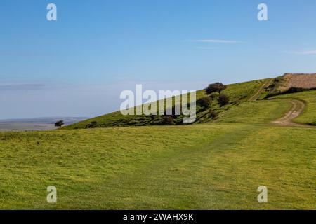 Una vista idilliaca del Sussex lungo South Downs Way vicino a Lewes Foto Stock