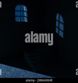 All'interno di un vecchio castello di pietra di notte al chiaro di luna. Foto Stock