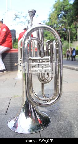 Primo piano su una sezione valvola di una campana professionale. ad una cerimonia per onorare la bandiera nazionale di mattina. Attenzione morbida e selettiva alla tromba. Foto Stock