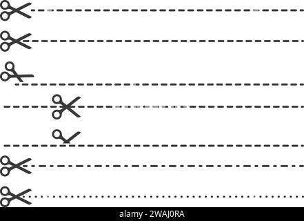 Tagliare qui la linea con le forbici. Icona vettoriale per coupon e voucher cartacei. Contrassegno di ritaglio punteggiato e tratteggiato. Illustrazione Vettoriale