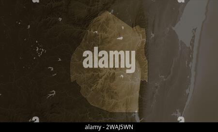 Eswatini evidenziato su una mappa di elevazione colorata in tonalità seppia con laghi e fiumi Foto Stock