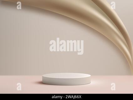 Mockup a podio 3D. Caratterizzato da un elegante podio bianco impreziosito da un panno dorato, questo sfondo fotorealistico è perfetto per mostrare i cosmetici Illustrazione Vettoriale