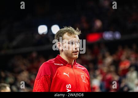 Copenhagen, Danimarca. 4 gennaio 2024. La Danimarca Mathias Gidsel si sta riscaldando prima della partita del Norlys Golden League 2024 tra Danimarca e Norvegia alla Royal Arena di Copenaghen. (Foto: Gonzales Photo/Alamy Live News Foto Stock