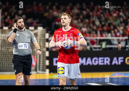 Copenhagen, Danimarca. 4 gennaio 2024. Mathias Gidsel (19) della Danimarca visto durante il Norlys Golden League 2024 match tra Danimarca e Norvegia alla Royal Arena di Copenaghen. (Foto: Gonzales Photo/Alamy Live News Foto Stock