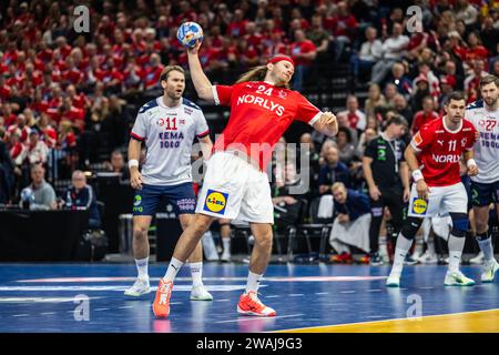 Copenhagen, Danimarca. 4 gennaio 2024. Mikkel Hansen (24) di Danimarca visto durante la partita Norlys Golden League 2024 tra Danimarca e Norvegia alla Royal Arena di Copenaghen. (Foto: Gonzales Photo/Alamy Live News Foto Stock