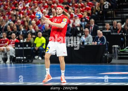 Copenhagen, Danimarca. 4 gennaio 2024. Mikkel Hansen (24) di Danimarca visto durante la partita Norlys Golden League 2024 tra Danimarca e Norvegia alla Royal Arena di Copenaghen. (Foto: Gonzales Photo/Alamy Live News Foto Stock