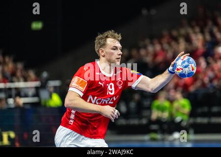 Copenhagen, Danimarca. 4 gennaio 2024. Mathias Gidsel (19) della Danimarca visto durante il Norlys Golden League 2024 match tra Danimarca e Norvegia alla Royal Arena di Copenaghen. (Foto: Gonzales Photo/Alamy Live News Foto Stock