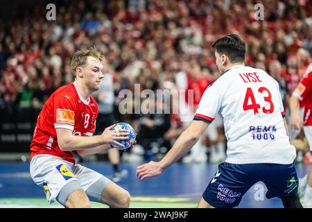 Copenhagen, Danimarca. 4 gennaio 2024. Mathias Gidsel (19) della Danimarca visto durante il Norlys Golden League 2024 match tra Danimarca e Norvegia alla Royal Arena di Copenaghen. (Foto: Gonzales Photo/Alamy Live News Foto Stock