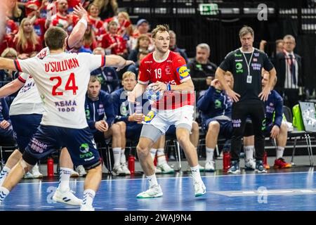 Copenhagen, Danimarca. 4 gennaio 2024. Mathias Gidsel (19) della Danimarca visto durante il Norlys Golden League 2024 match tra Danimarca e Norvegia alla Royal Arena di Copenaghen. (Foto: Gonzales Photo/Alamy Live News Foto Stock