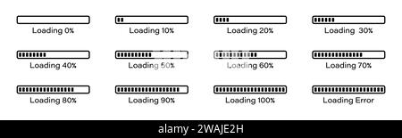 Icona infografica della barra di caricamento percentuale impostata 0-100% in colore nero. Caricamento percentuale barra rettangolare ed elaborazione della raccolta di simboli. Percentuale di caricamento. Illustrazione Vettoriale