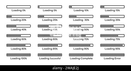 Percentuale di caricamento barra infografica impostata su 0-100% in colore nero. Caricamento percentuale barra rettangolare ed elaborazione della raccolta di simboli. Set di percentuale. Illustrazione Vettoriale