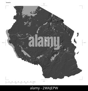 Forma di una mappa di elevazione a Bilevel con laghi e fiumi della Tanzania, con scala di distanza e coordinate di confine della mappa, isolati su bianco Foto Stock