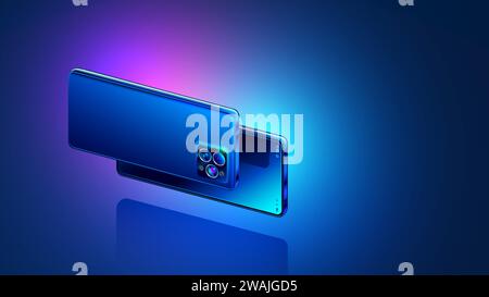 lo smartphone vettoriale 3d con la fotocamera in avanti levita su uno sfondo rosa-blu. Due telefoni, girati lateralmente, sono sospesi in aria sopra il tavolo. Illustrazione Vettoriale