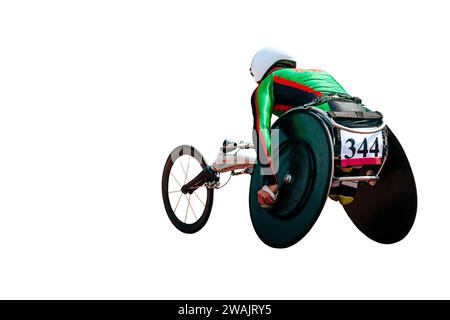 atleta in carrozzina isolato su sfondo bianco, para atletica Foto Stock