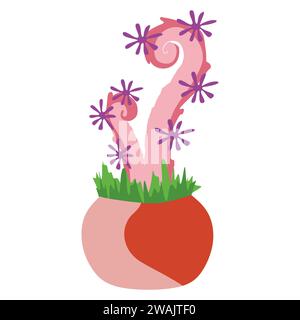 Primo piano Alien Plant con fiori e tentacoli nel vaso dei fiori. Grafica botanica rosa isolata su sfondo bianco. Colori brillanti Fantasy Illustrazione Vettoriale