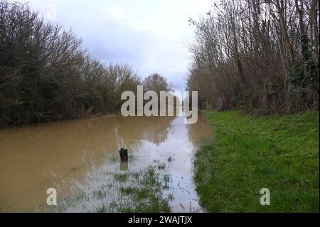 A seguito della forte pioggia, il Canale di Oxford scoppiò le sue rive inondando i campi adiacenti. Questa immagine è stata scattata sul sentiero vicino a Nell Bridge, Oxfordshire Foto Stock