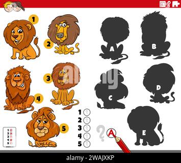 Illustrazione di cartoni animati che mostra come trovare le ombre giuste per il gioco educativo con i leoni personaggi animali Illustrazione Vettoriale