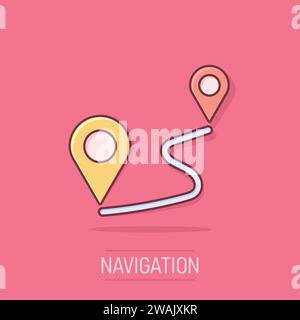 Distanza icona pin in stile fumetto. La navigazione gps vettore illustrazione cartoon bianco su sfondo isolato. Comunicazione business viaggi concetto splas Illustrazione Vettoriale