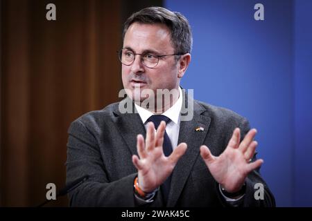 Xavier Bettel, Aussenminister des Grossherzogtums Luxemburg, aufgenommen im Rahmen einer Pressekonferenz im Auswaertigen AMT a Berlino, 05.01.2024. Berlin Deutschland *** Xavier Bettel, Ministro degli Esteri del Granducato di Lussemburgo, in una conferenza stampa presso il Ministero federale degli Esteri di Berlino, 05 01 2024 Berlino Germania Copyright: XJaninexSchmitzx Foto Stock