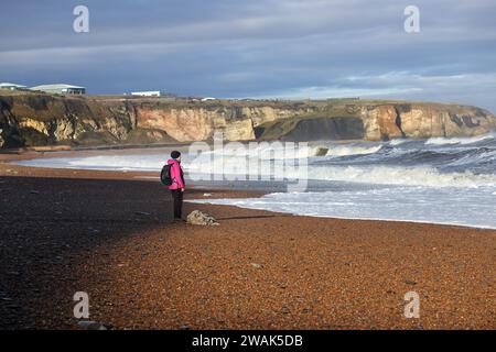 Osservazione delle onde di Walker sulla spiaggia di Blast, Durham Heritage Coast, Seaham, County Durham, Regno Unito Foto Stock