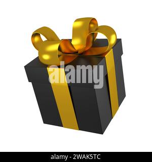 Black Friday e promozione. Confezione regalo nera con fiocco a nastro dorato isolato. rendering 3d. Foto Stock
