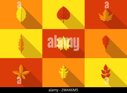 Set di icone colorate di foglie autunnali con lunghe ombre. Collezione di foglie autunnali in stile piatto. Illustrazione vettoriale. Illustrazione Vettoriale