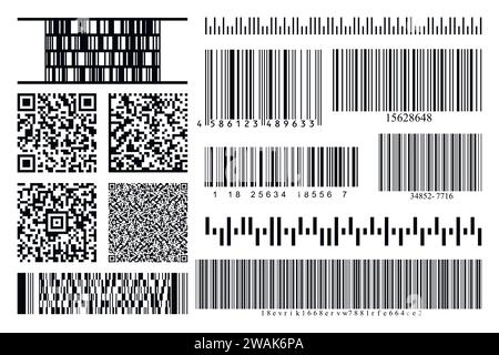 Set di raccolta codici a barre e codici QR. Codice a strisce nere per l'identificazione digitale. Informazioni sul codice vettoriale, QR, memorizzazione dei codici di scansione. Codifica industriale Illustrazione Vettoriale