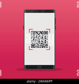 Eseguire la scansione del codice QR sul telefono cellulare. Decodifica dei codici QR con uno smartphone. Elettronica, tecnologia digitale, codice a barre. Illustrazione vettoriale. Illustrazione Vettoriale