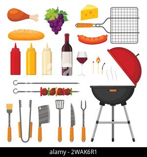 Diversi attrezzi speciali e cibo per la festa al barbecue. Set di salsicce al barbecue, vino, pane, salse isolate su bianco. Piatti casalinghi a base di carne, spiedini grilli Illustrazione Vettoriale