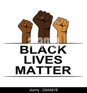 Black Lives Matter, poster con pugni per protesta, raduno o campagna di sensibilizzazione contro la discriminazione razziale del colore scuro della pelle. Contro la polizia brutale Illustrazione Vettoriale