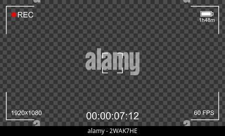 Mirino con interfaccia fotocamera Rec con sfondo trasparente, messa a fuoco digitale ed esposizione. Cornice per la fotografia dello schermo con stato della batteria, video Illustrazione Vettoriale