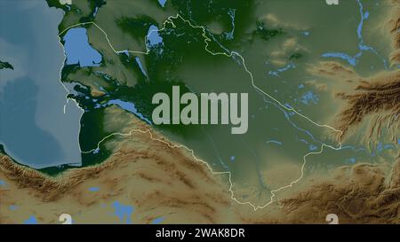 Turkmenistan delineato su una mappa colorata di altitudine con laghi e fiumi Foto Stock